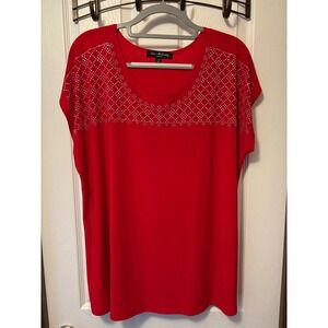 Elie McCarthy Woman Red Studded Yoke Short Sleeve Tunic Top Plus Size 1X